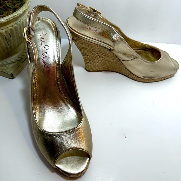 Lilly Pulitzer Shoes - Lilly Pulitzer Kristin Leather Wedge Gold Peep Toe    Preppy Shoes Size 8.5